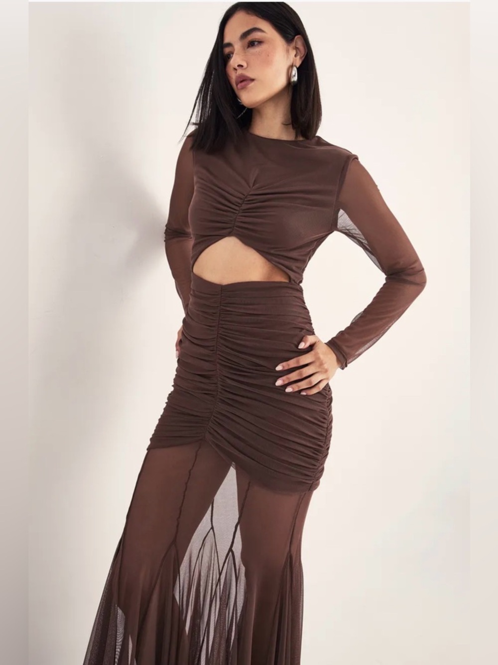Nasty Gal Brown Ruched Sheer Mermaid Maxi Dress - Picture 3 of 4